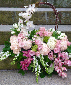 Funeral Arrangement with Orchids, Roses, Hydrangeas, and Basket Handle