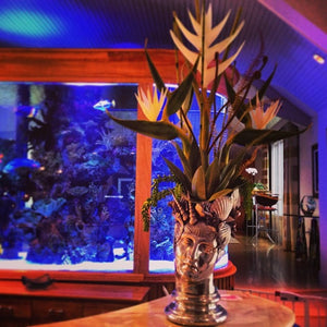 Tropical Floral Arrangement near Fish Tank in an Unusual Sculptural Container
