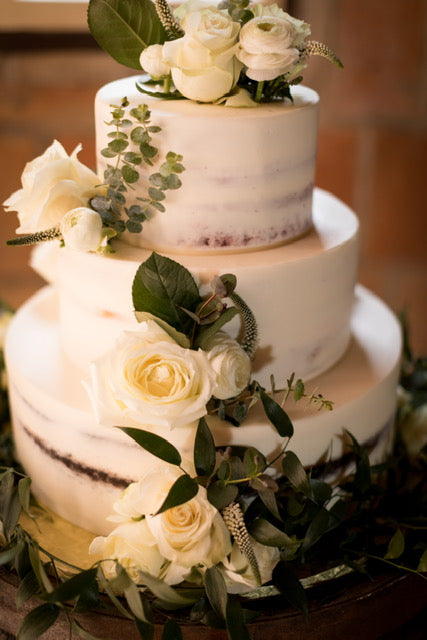 Wedding Cake with Roses and Eucalyptus